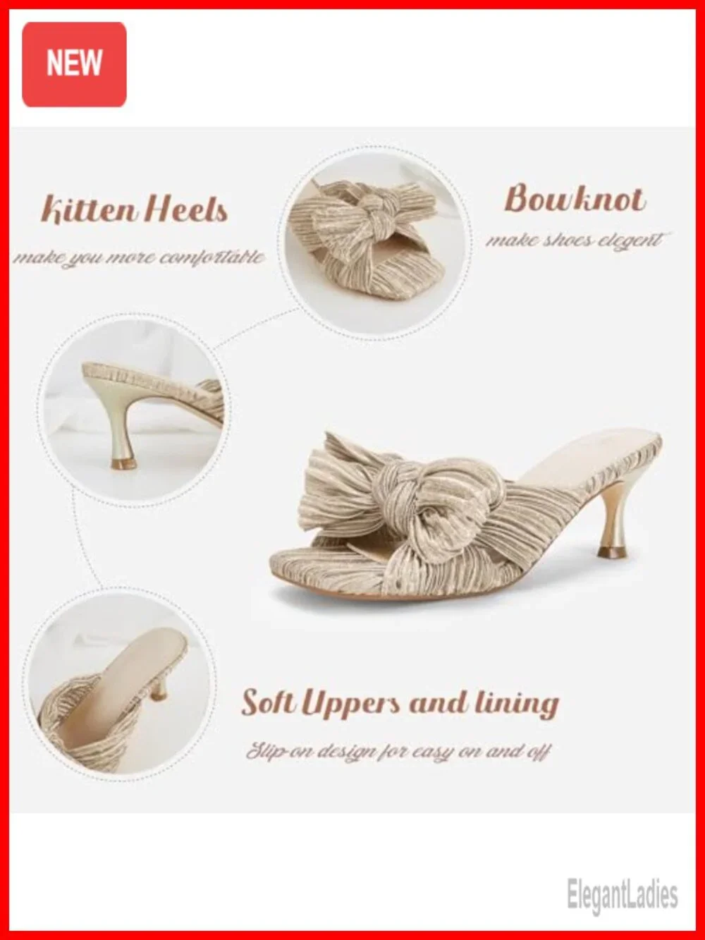 Womens Pleated Bow Kitten Heel Sandals Square Toe Slip On Dress Shoes